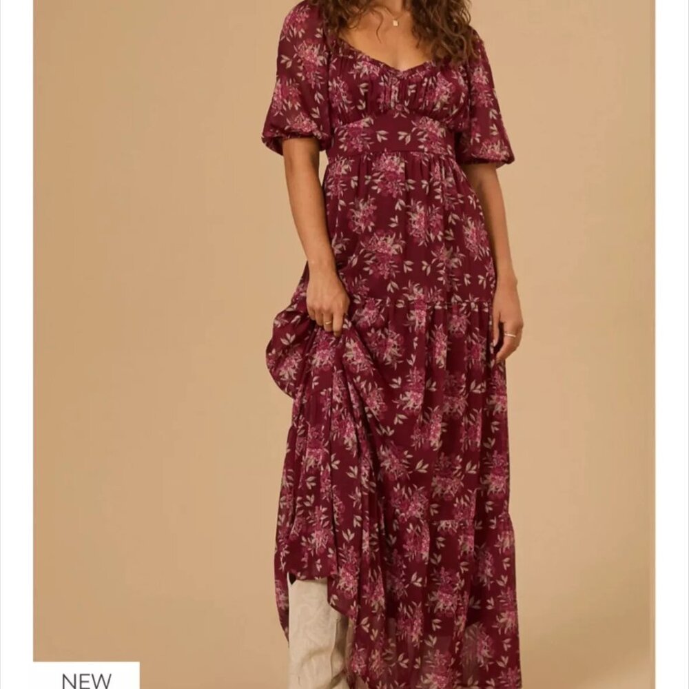 Altar'd State | Deane Floral Tiered Maxi Dress | Burgundy | Medium
